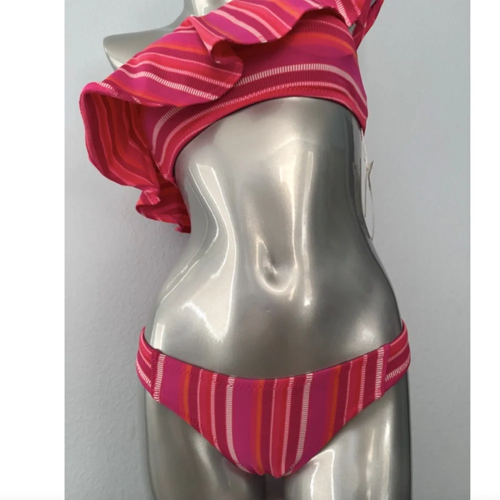 Trina Turk Pink & Orange One-Shoulder Ruffle Stripe Bikini - Picture 3 of 9